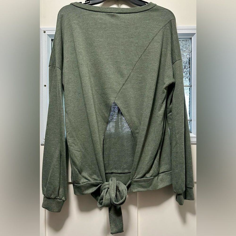 BiBi Back Tie Crewneck Sweatshirt Size L Green Sage (4) - Picture 2 of 3